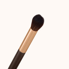 Load image into Gallery viewer, A precise tapered face and eye makeup brush with a dark brown lacquered handle and a rose gold ferrule, made by mixing handmade synthetic dark brown bristles with a few strands of white bristles.
