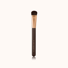 Load image into Gallery viewer, A soft curved thin makeup brush with a dark brown lacquered handle and a rose gold ferrule, made by mixing handmade synthetic dark brown bristles with a few strands of white bristles.
